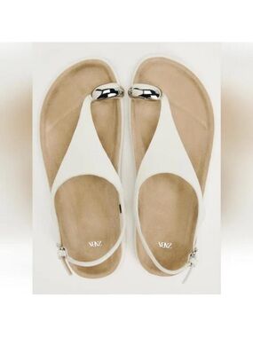 Zara White Sandal with Silver Toe Accent Embellished Leather Sandals